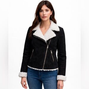 CAGE Black Faux Suede Sherpa Moto Jacket – Women’s Medium